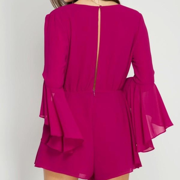 Hot Pink Flare Sleeve Deep V Romper - Picture 3 of 5